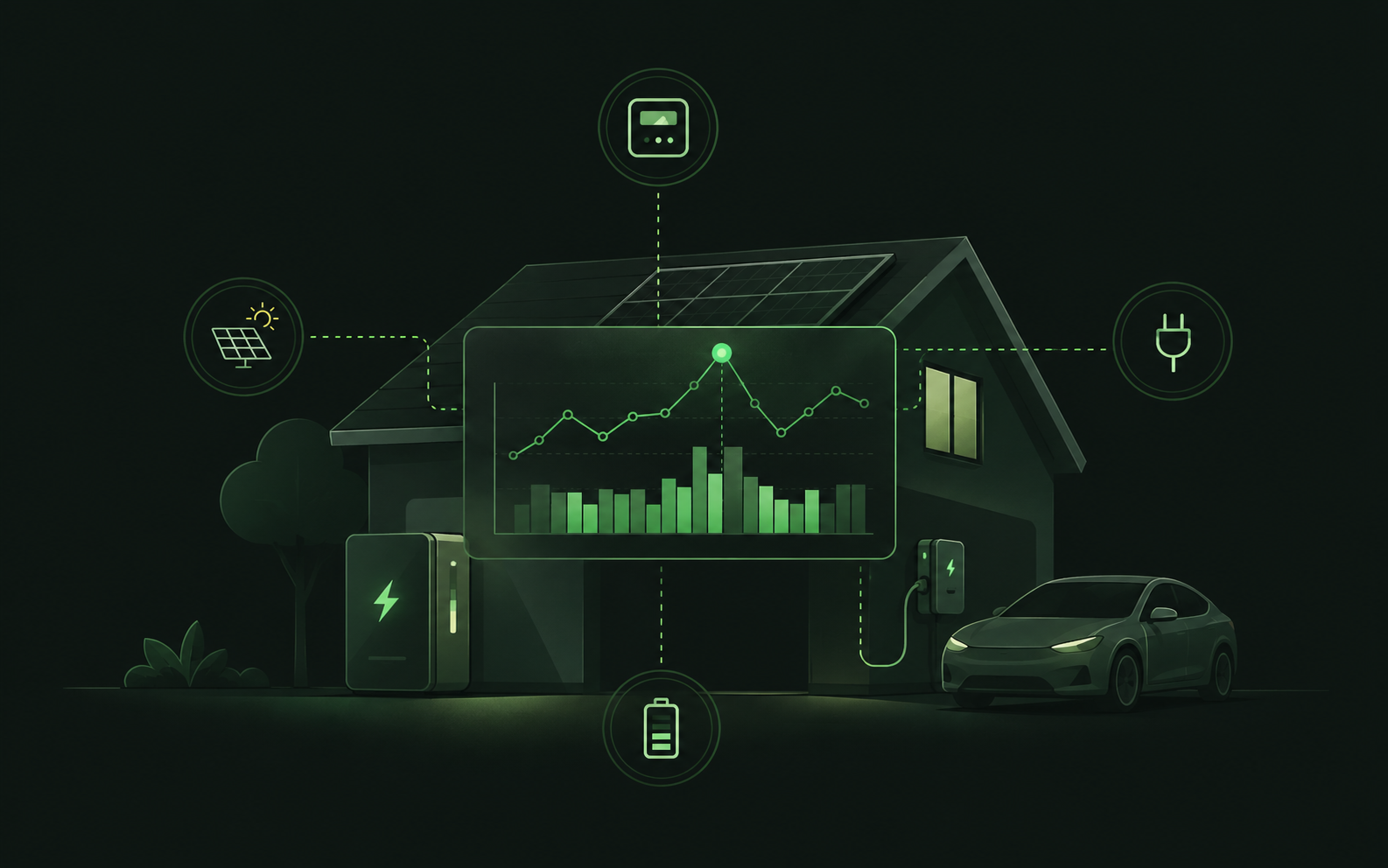 Illustratie van groen energie-dashboard bij woning met batterij en laadpaal